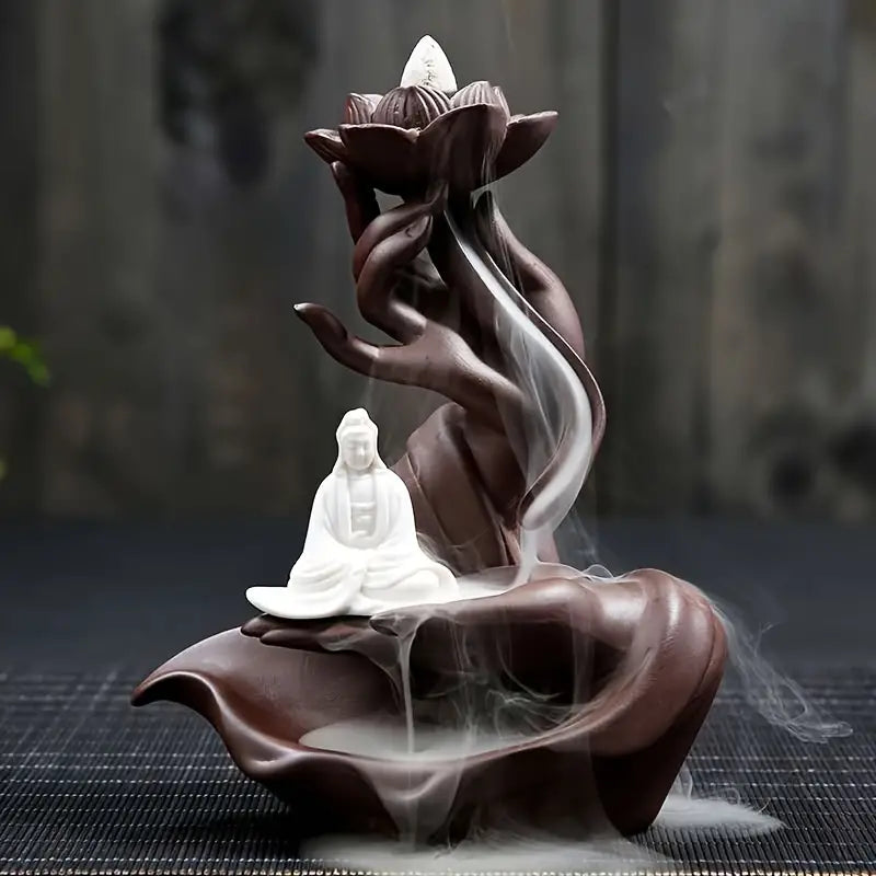 Lotus Waterfall Incense Burner in Purple Clay Ceramic